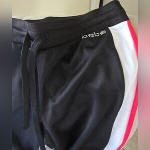 Bebe Sports Tricot Black w/Red& White Stripe Track Pants, Flare Leg Drawstring S